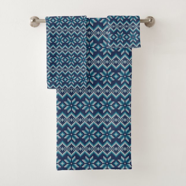 Blue & White Faux Knit Sweater Snowflakes Pattern Bath Towel Set (Insitu)