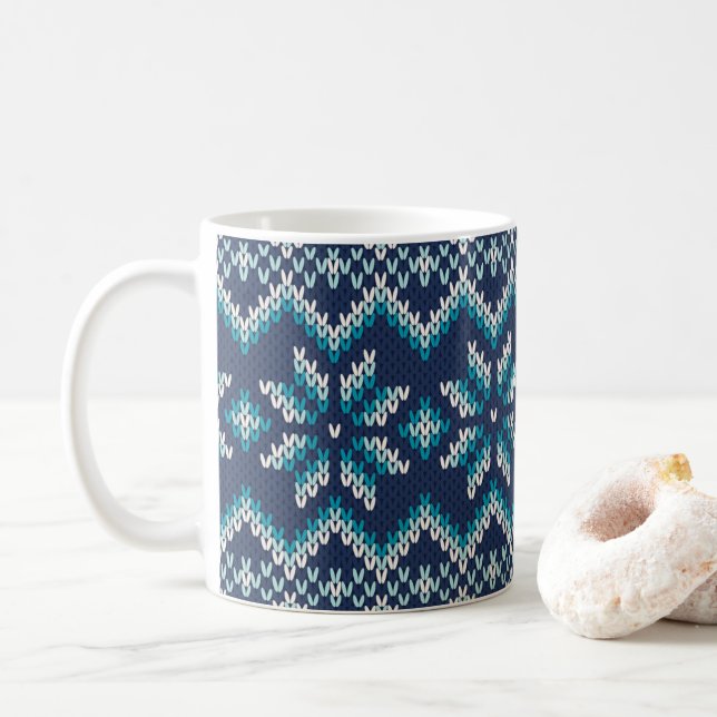Blue & White Faux Knit Sweater Snowflakes Pattern Coffee Mug (With Donut)