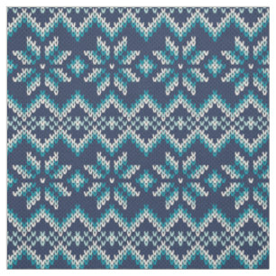 Blue & White Faux Knit Sweater Snowflakes Pattern Fabric