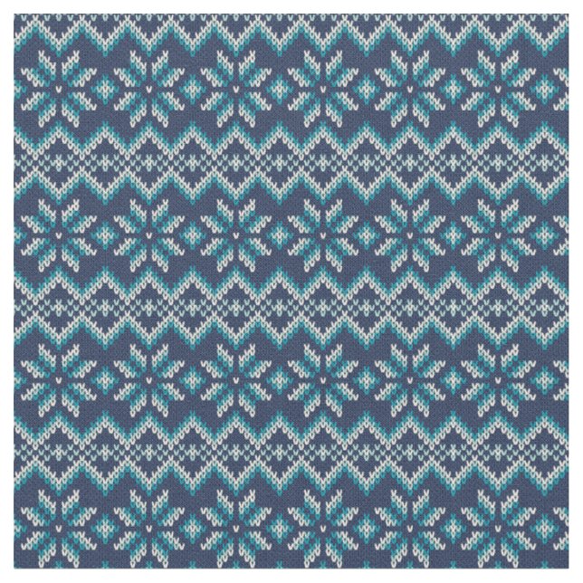 Blue & White Faux Knit Sweater Snowflakes Pattern Fabric (Close Up)