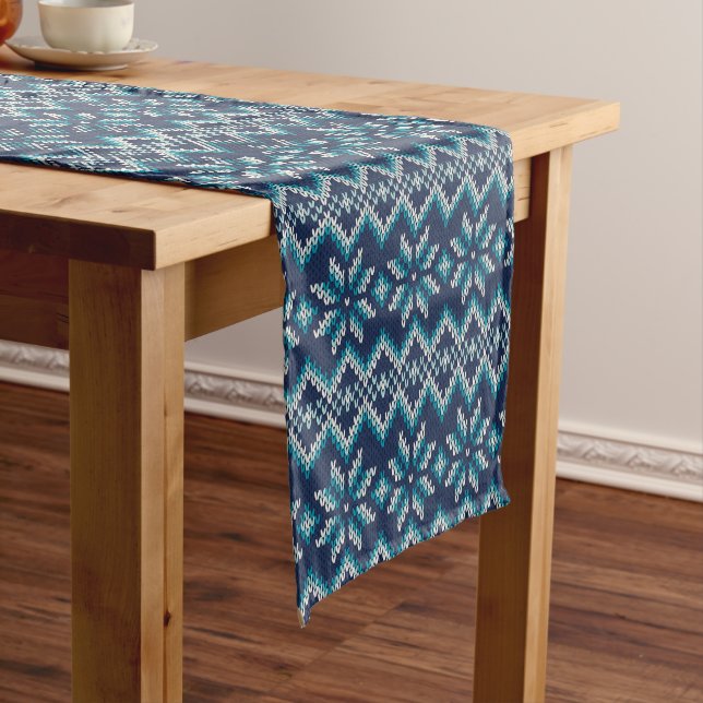 Blue & White Faux Knit Sweater Snowflakes Pattern Short Table Runner (In Situ)
