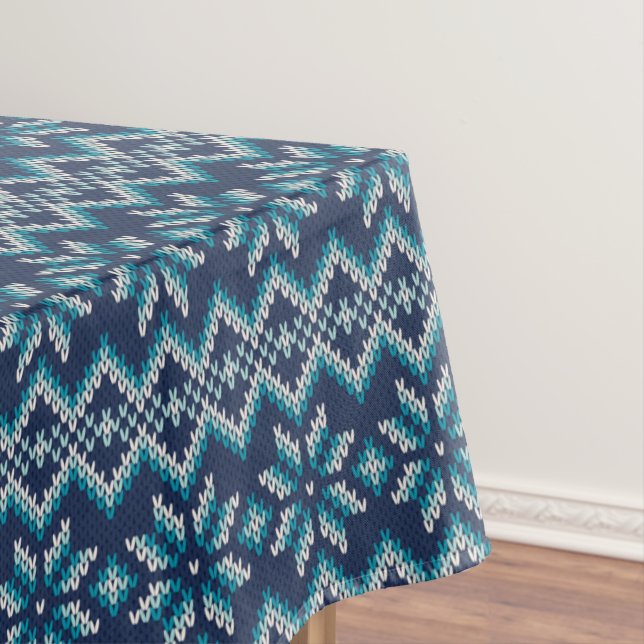 Blue & White Faux Knit Sweater Snowflakes Pattern  Tablecloth (In Situ)