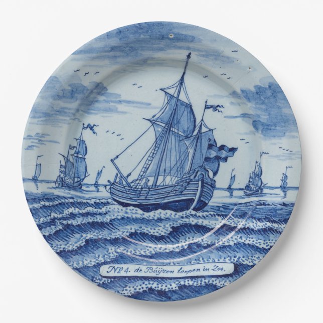 Blue white faux porcelain chinoiserie summer ship  paper plate (Front)