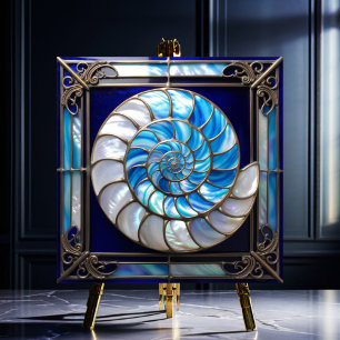 Blue/White Faux Stained-Glass Nautilus Shell 2 Tile