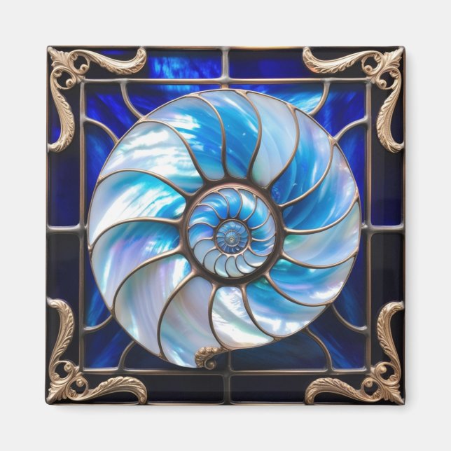 Blue/White Faux Stained-Glass Nautilus Shell 3 Magnet (Front)
