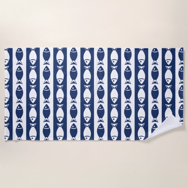 Blue & White Fish Stripes Beach Towel (Front)