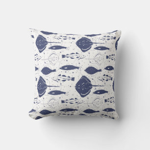 Blue White Fishes Pattern on Wavy Fishing Net Cushion