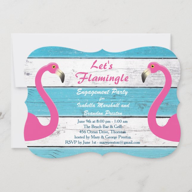 Blue & White Flamingo Engagement Party Invitation (Front)