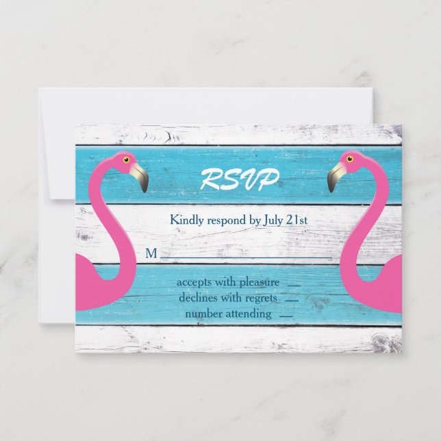 Blue & White Flamingo Wedding RSVP (Front)