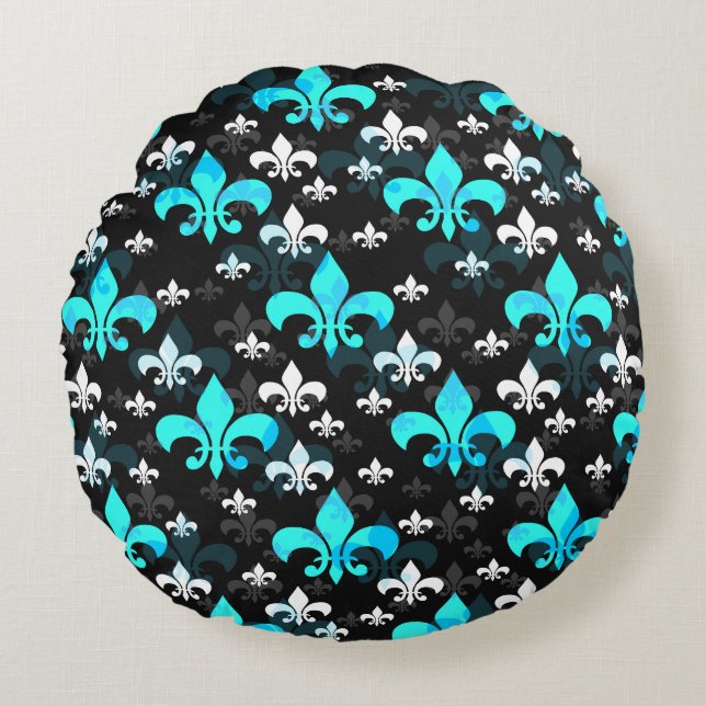 Blue White Fleur De Lis  Round Cushion (Front)