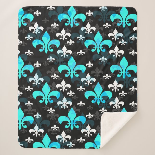 Blue White Fleur De Lis  Sherpa Blanket (Front)