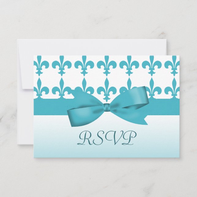 Blue & White Fleur De Lis Wedding RSVP Card (Front)
