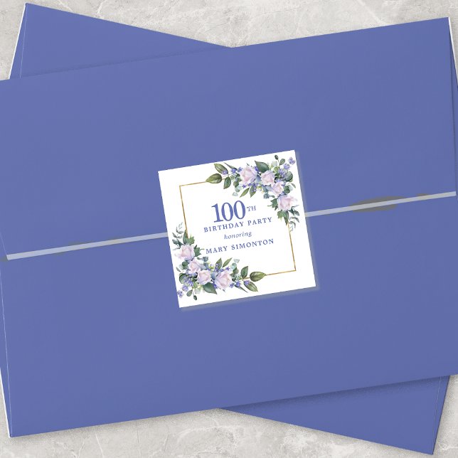 Blue White Floral 100th Birthday Envelope Seal (Creator Uploaded)