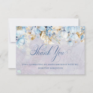 Blue White Floral 100th Birthday Thank You Flat Card