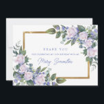 Blue White Floral 18th Birthday Photo Flat Thank You Card<br><div class="desc">Beautiful way to express your gratitude to family and friends. A lush botanical sprig of white roses and blue flowers create beautiful floral accents on two corners of the gold frame. Three lines of text let you personalise the front. Inside you can place your photo at the top and a...</div>
