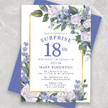 Blue White Floral 18th Birthday Surprise Party Invitation<br><div class="desc">Honour a special woman with this elegant and feminine 18th Birthday Surprise Party invitation. Surprise and 18th are written in large blue text. Birthday Celebration follows. The honoured guest's name is also in blue capital letters. The birthday celebration details are surrounded by a chic gold frame. The floral elements are...</div>