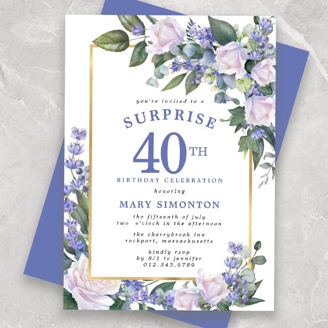 Blue White Floral 40th Birthday Surprise Party Invitation (Creator Uploaded)
