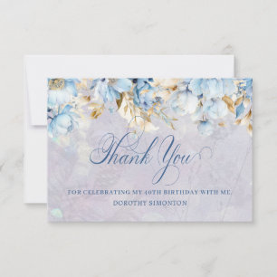 Blue White Floral 40th Birthday Thank You Flat Card