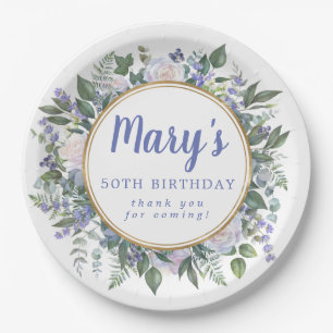 Blue White Floral 50th Birthday Party Paper Plate