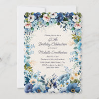 Blue White Floral 60th Scalloped Birthday