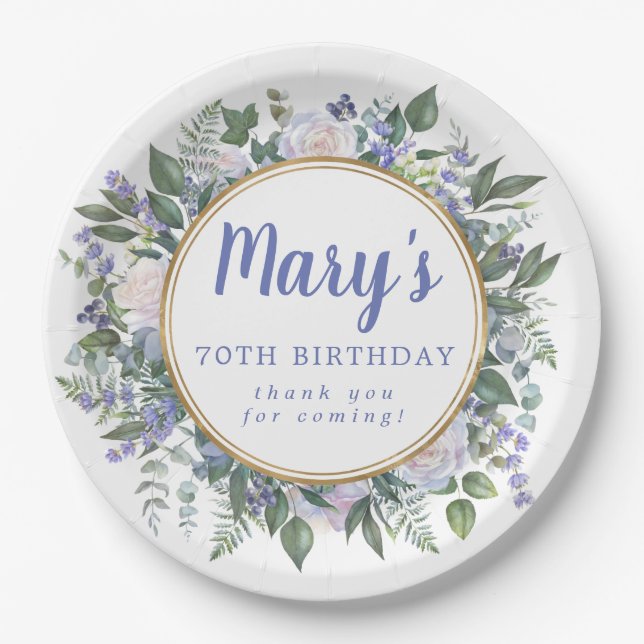 Blue White Floral 70th Birthday Party Paper Plate (Front)
