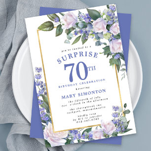 Blue White Floral 70th Birthday Surprise Party Invitation