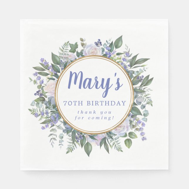 Blue White Floral 70th Birthday Thank You Napkin (Front)