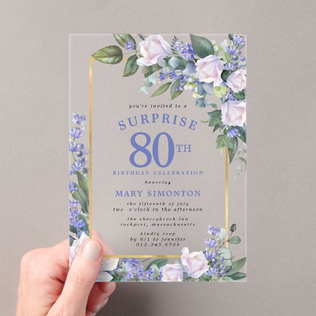 Blue White Floral 80th Birthday Surprise Party Acrylic Invitations (Insitu (Handheld))