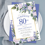 Blue White Floral 80th Birthday Surprise Party Invitation<br><div class="desc">Honour a special woman with this elegant and feminine 80th Birthday Surprise Party invitation. Surprise and the 80th are written in large blue text. Birthday Celebration follows. The honoured guest's name is also in blue capital letters. The birthday celebration details are surrounded by a chic gold frame. The floral elements...</div>