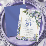 Blue White Floral 80th Surprise Birthday Brunch Invitation<br><div class="desc">Honour a special woman with this elegant and feminine 80th Surprise Birthday Brunch Party invitation. Surprise and 80th are written in large blue text. Birthday Brunch follows. The honoured guest's name is also in blue capital letters. The birthday celebration details are surrounded by a chic gold frame. The floral elements...</div>