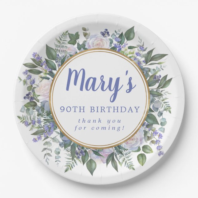 Blue White Floral 90th Birthday Party Paper Plate (Front)