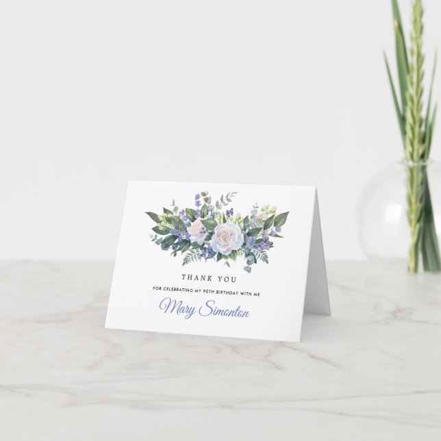 Blue White Floral 90th Birthday Photo Thank You Card (Front)