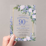 Blue White Floral 90th Birthday Surprise Party Acrylic Invitations<br><div class="desc">Printed on a see=through acrylic background. Honour a special woman with this elegant and feminine 90th Birthday Surprise Party invitation. Surprise and 90th are written in large blue text. Birthday Celebration follows. The honoured guest's name is also in blue capital letters. The birthday celebration details are surrounded by a chic...</div>