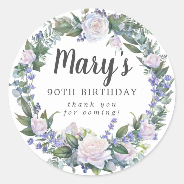 Blue White Floral 90th Birthday Thank You Classic Round Sticker (Front)