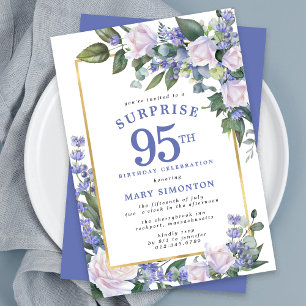 Blue White Floral 95th Birthday Surprise Party Invitation