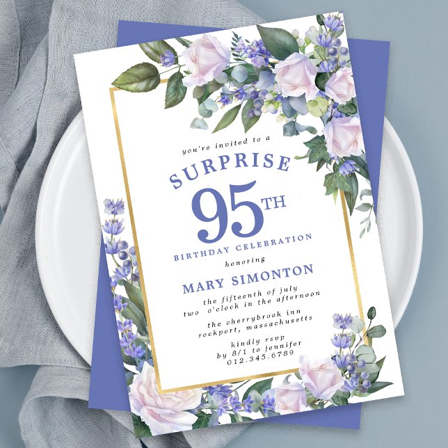 Blue White Floral 95th Birthday Surprise Party Invitation (Creator Uploaded)