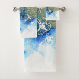 Blue White Floral Abstract 71 Bath Towel Set