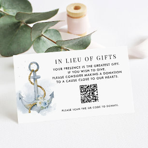 Blue White Floral Anchor In Lieu of Gifts QR Code Enclosure Card