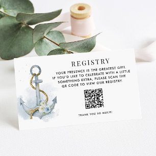 Blue White Floral Anchor Wedding Registry QR Code Enclosure Card
