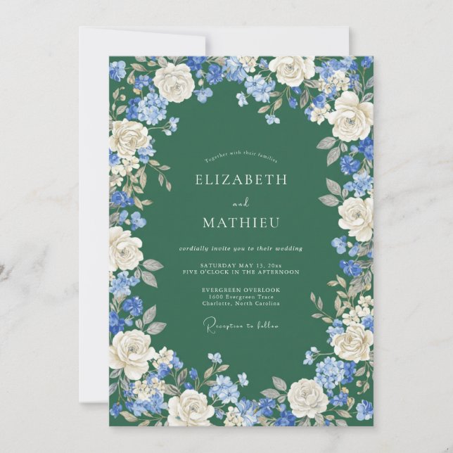 Blue White Floral Arch Romance Wedding Invitation (Front)
