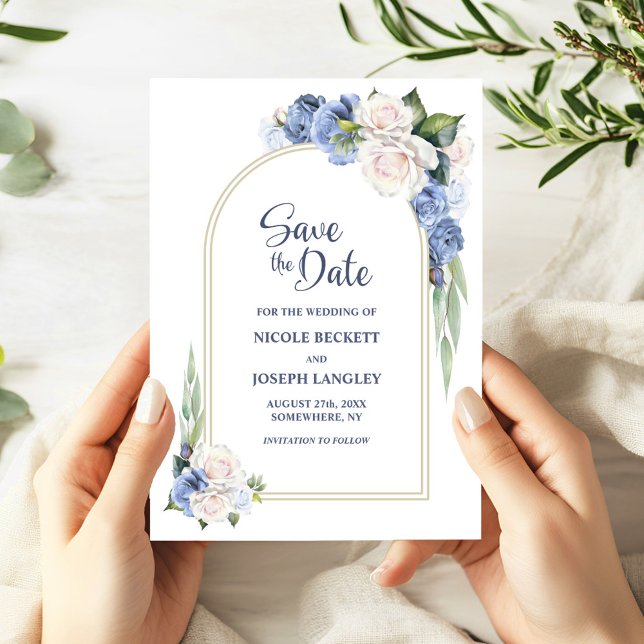 Blue White Floral Arch Wedding Save the Date  (Creator Uploaded)