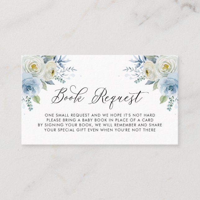 Blue & White Floral Baby Shower Book Request Card (Front)
