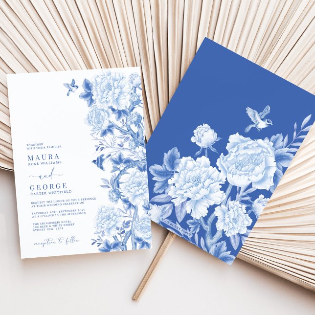 Blue White Floral Birds Chinoiserie Garden Wedding Invitation (Creator Uploaded)