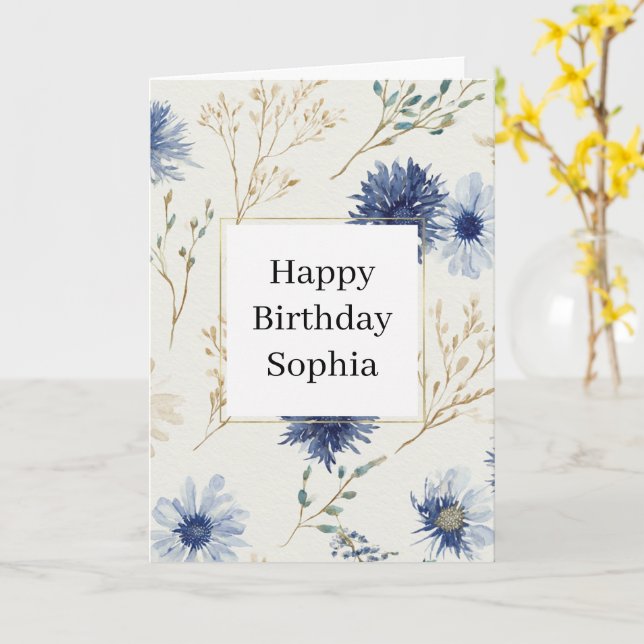 Blue White Floral Birthday Card (Yellow Flower)