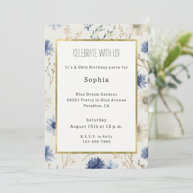 Blue White Floral Birthday Invitation (Standing Front)
