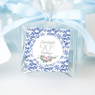 Blue White Floral Birthday Square Sticker
