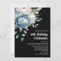 Blue White Floral Black Women's 40th Birthday