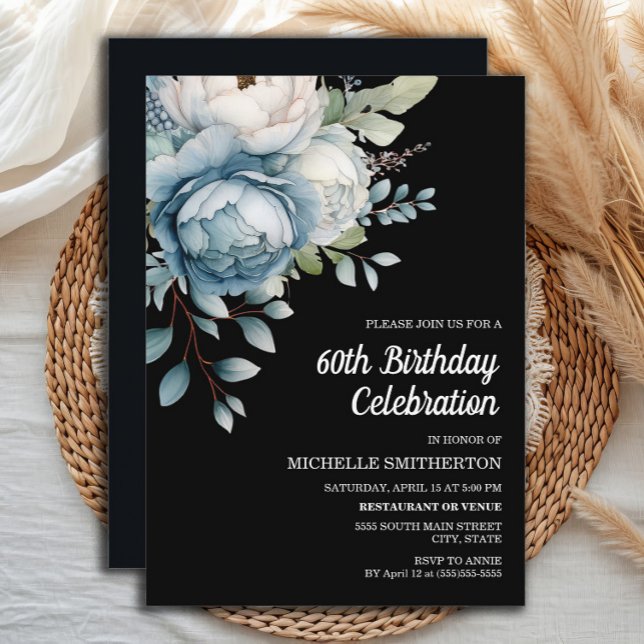 Blue White Floral Black Women's 60th Birthday Invitation (Dusty blue floral on black 60th birthday party invitation)