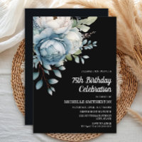 Blue White Floral Black Women's 75th Birthday