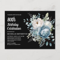Blue White Floral Black Women's 80th Birthday